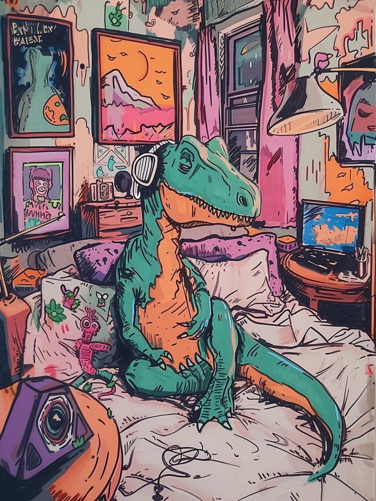 Dinosaur Listening To Music In Their Bedroom Pastel Illustration