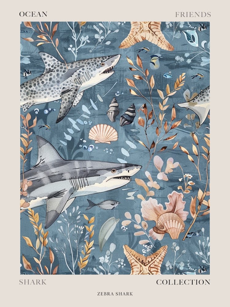 Pastellblau Zebrahai Aquarell Seelandschaft Muster 1 Poster