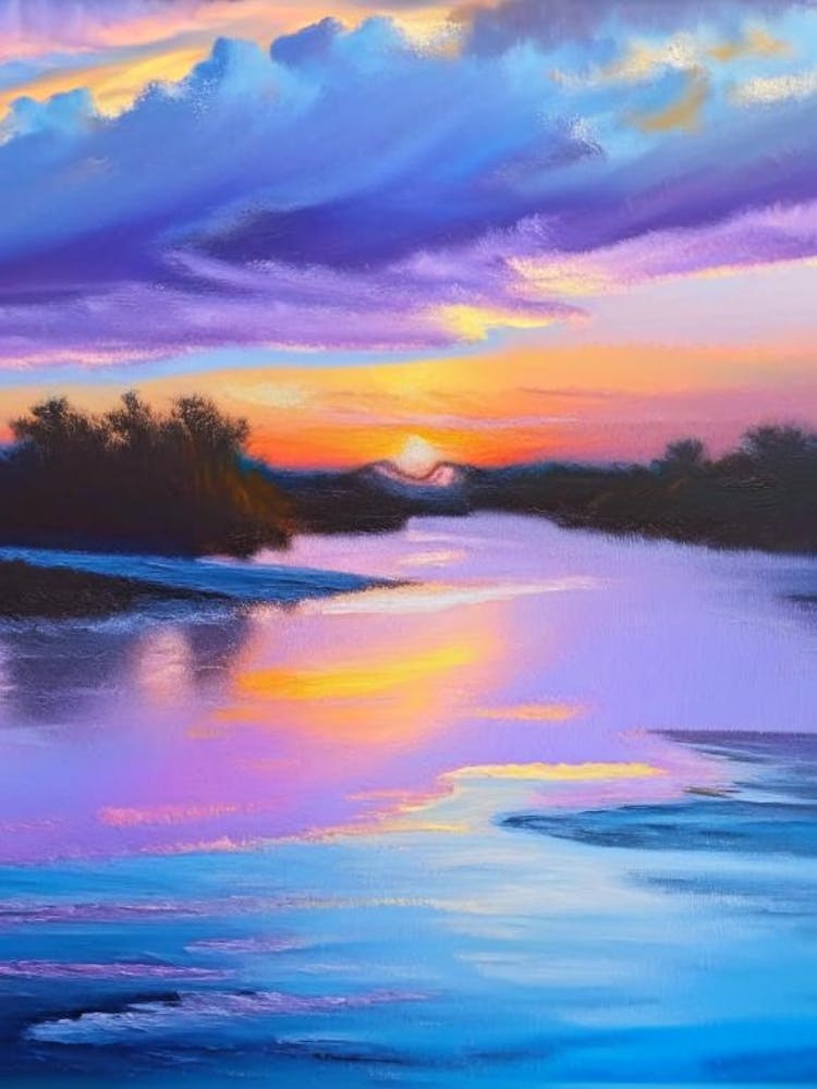 Sunset Over River Waterscape Marble Acrylic Painting 1