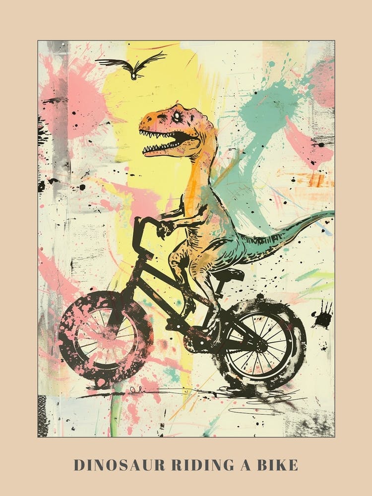 Grafitti Style Pastel Painting Dinosaur Riding A Bike 2 Poster