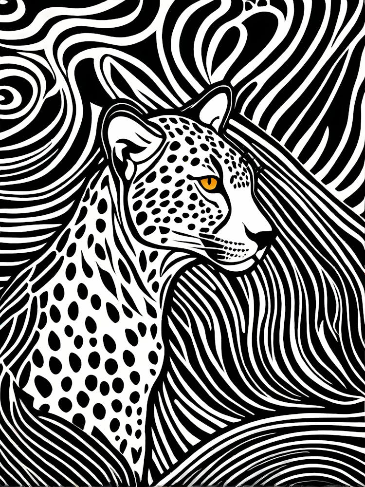 Cheetah Lino cut Black And White Lines art, animal art, 150