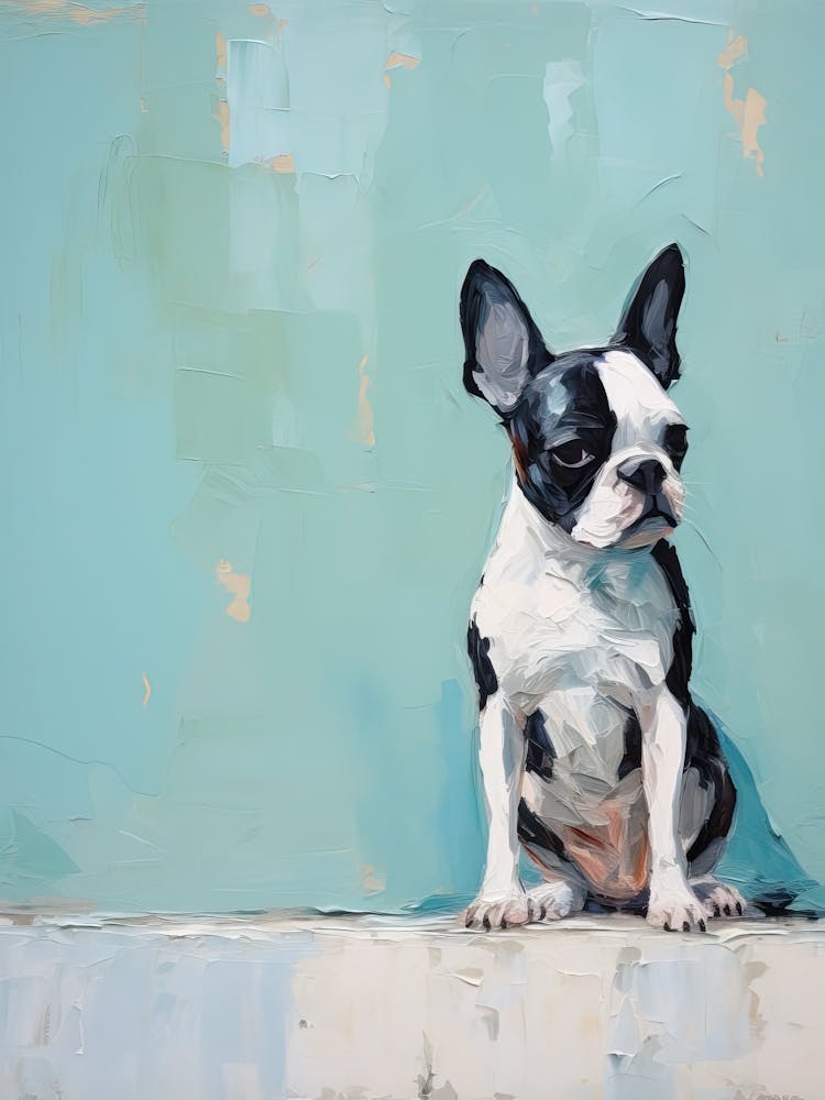 Boston Terrier Dog, Painting In Light Teal And Brown 1