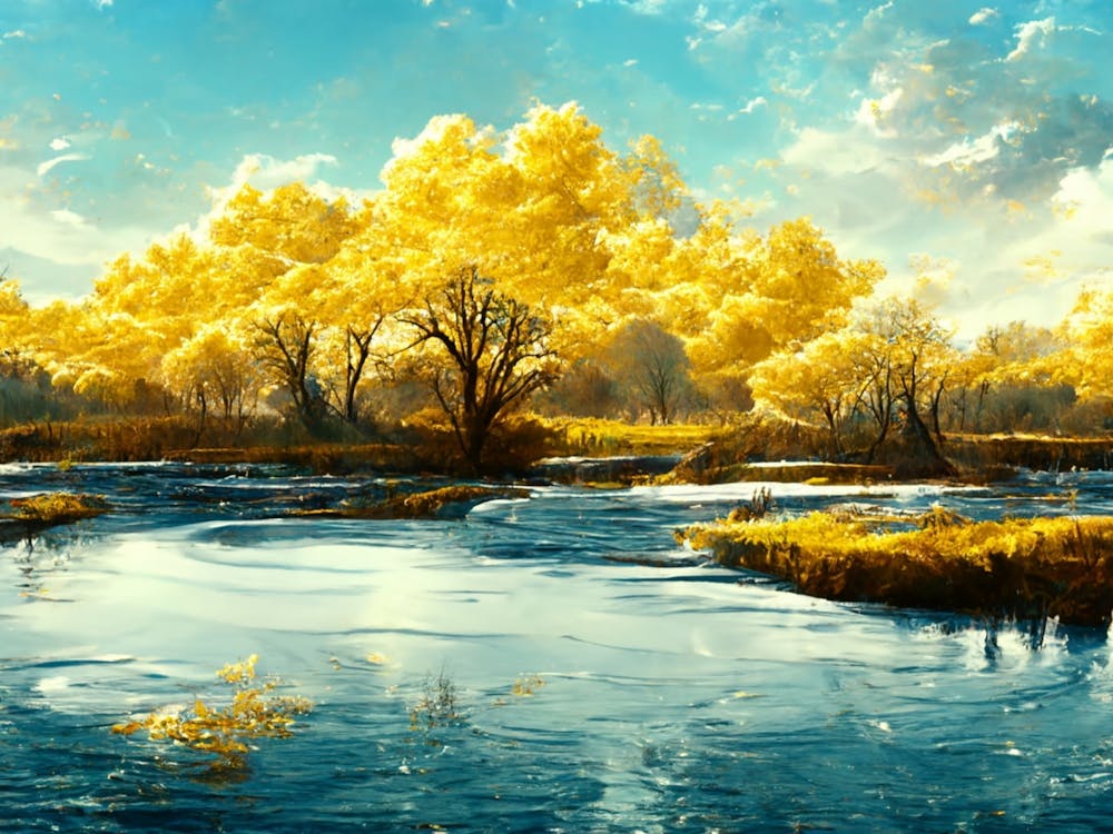 Yellow Trees In A River