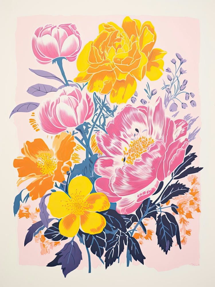 Colourful Bouquet Of Flowers In Risograph Style 5