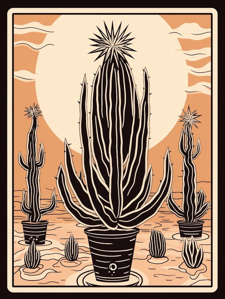 B&W Cactus Illustration Carnegiea Gigantea Cactus