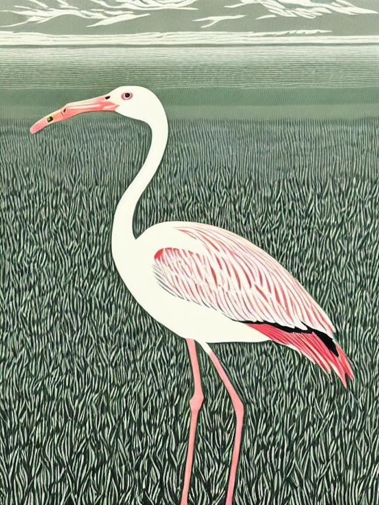 Greater Flamingo 2 Linocut Bird