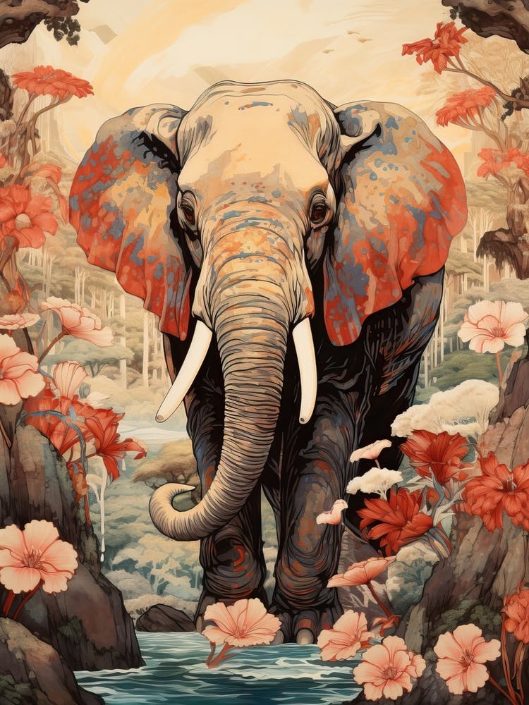 Dessin Animalier Éléphant Dans Le Style Ukiyo-e 1