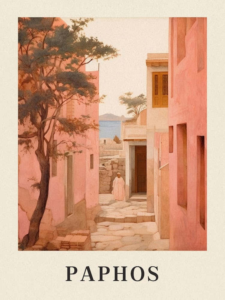 Paphos Cyprus 1 Vintage Pink Travel Illustration Poster