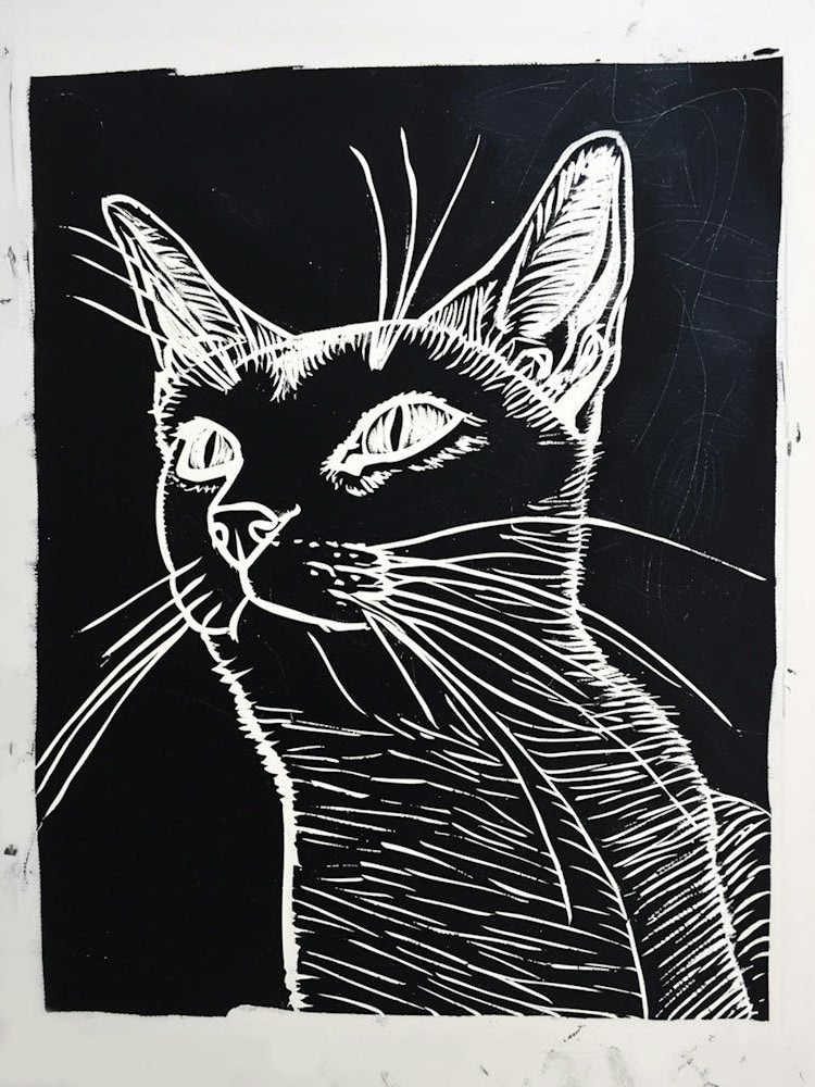 Abyssinian Cat Linocut Blockprint 1