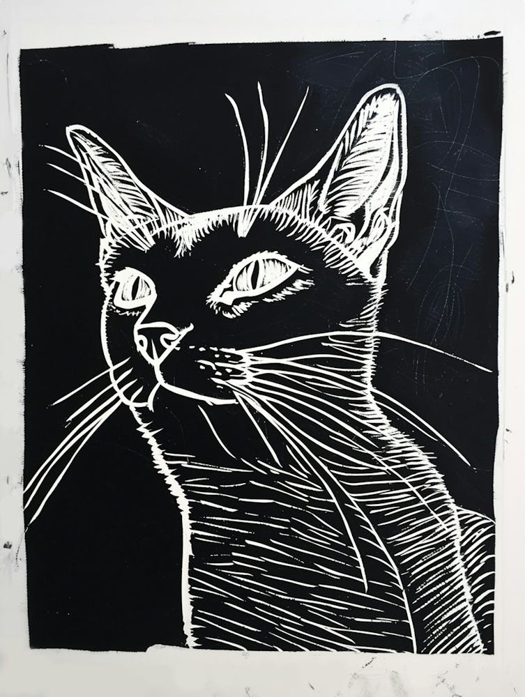 Abyssinian Cat Linocut Blockprint 1
