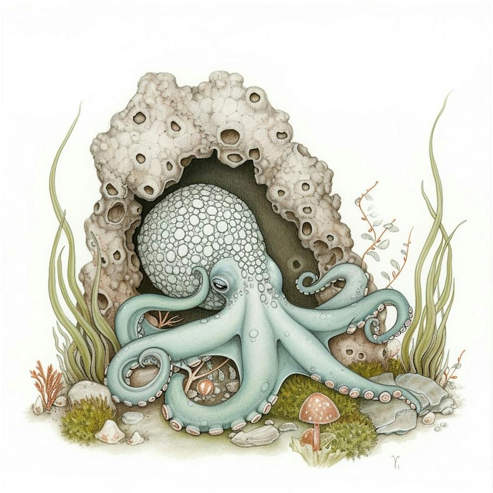 Storybook Style Octopus Relaxing In An Underwater Cave 1