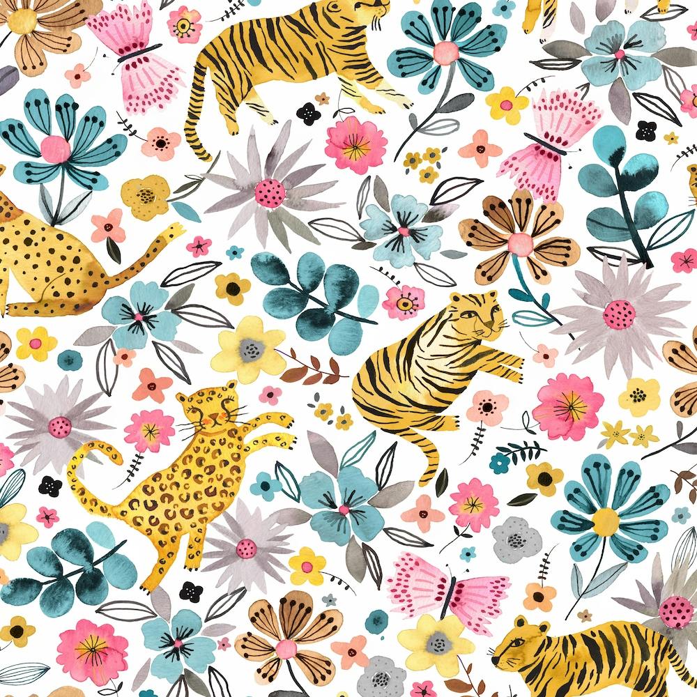 Spring Tigers Flowers Pink Blue Square
