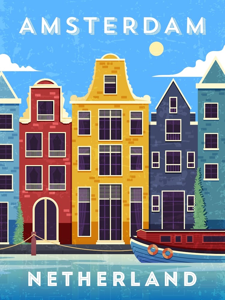 Amsterdam, Netherlands/Holland — Retro travel minimalist poster, retro travel art, retro travel wall art, vector art