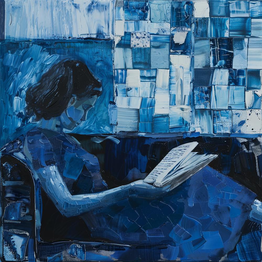 Woman Reading Book Monochromatic Figuration in Blue 1