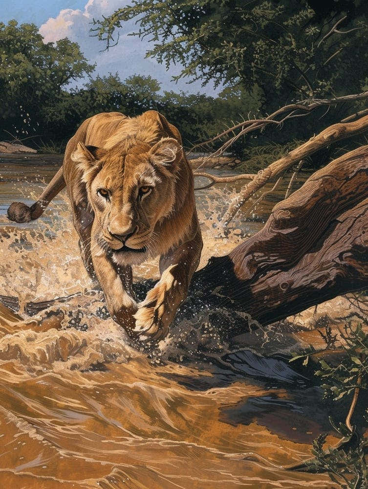 African Lion Relief Illustration Crossing A River 4