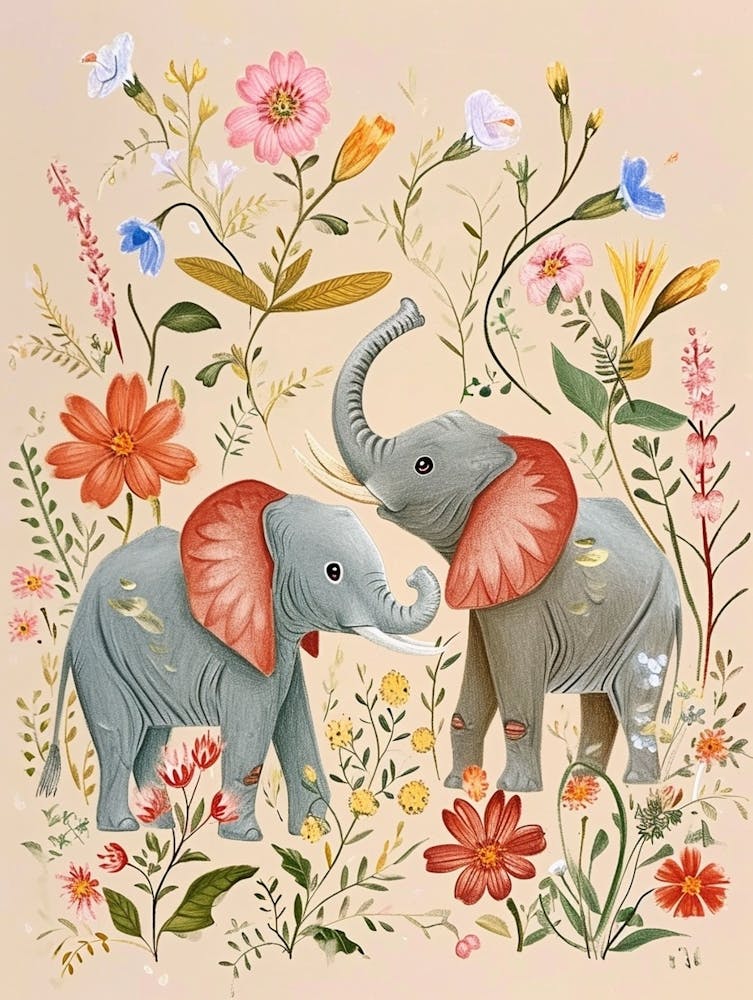 Folksy Floral Animal Drawing Elephant 1