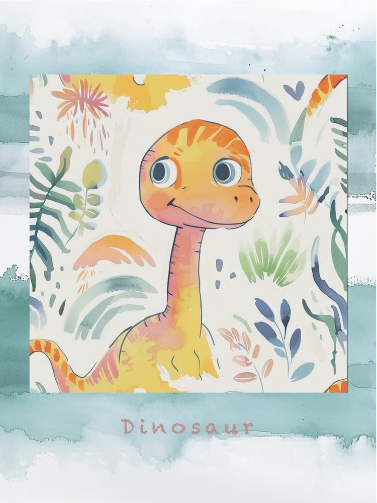 Cute Dinosaur Watercolour With Plant Patterns Poster