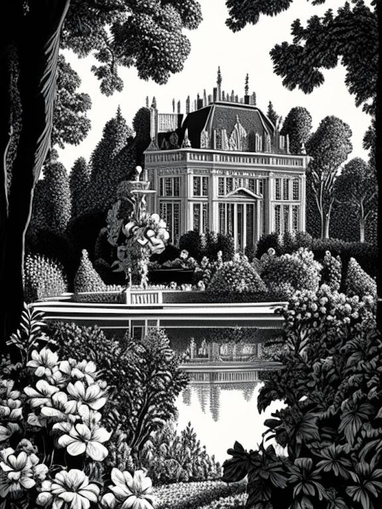 Palace Of Fontainebleau Gardens, France Linocut Black And White Vintage