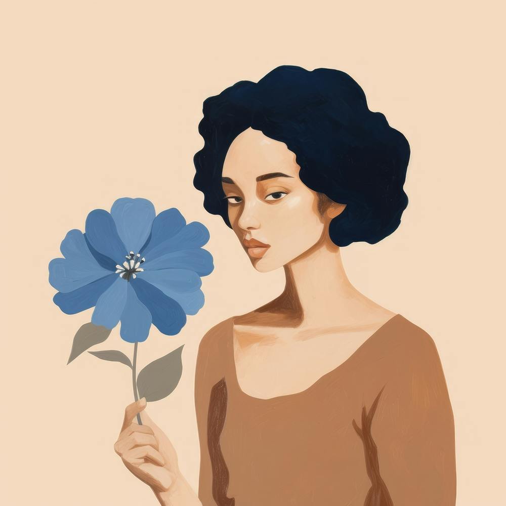 Illustration Of A Woman Holding A Blue Flower