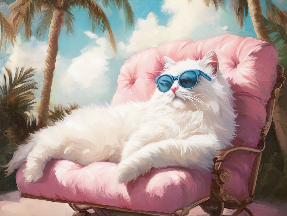 Persian Cat Lounging On Chair, Wearing Blue Sunglasses