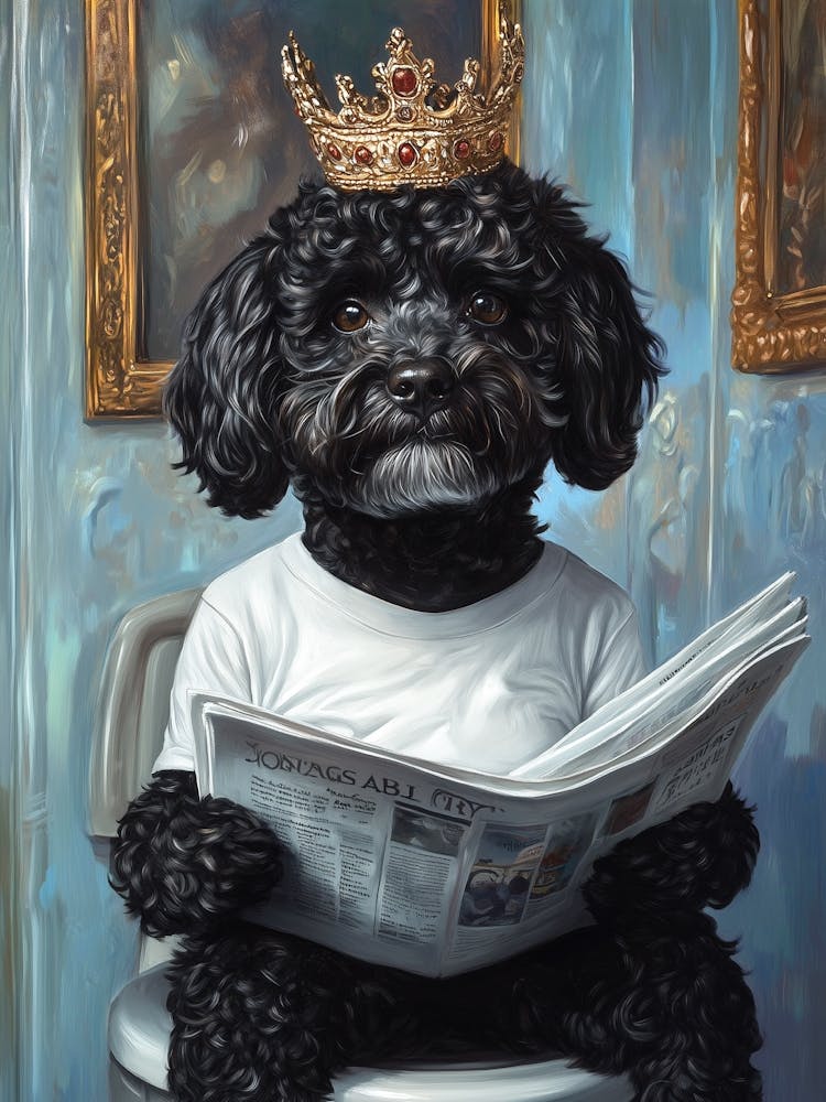 Cockapoo Noir Portant une Couronne et Assis sur les Toilettes Salle de Bain