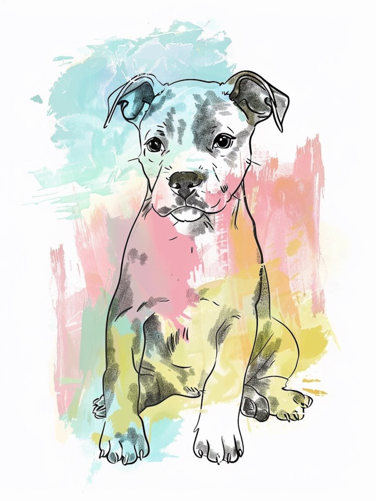 American Staffordshire Terrier Puppy Watercolour Line Illustration