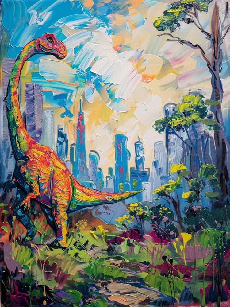 Buntes Dinosaurier-Stadtlandschaftsgemälde 1