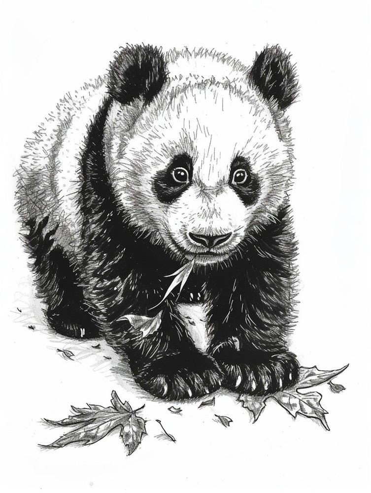 Giant Panda Cub Playing With A Fallen Leaf Ink Illustration 2