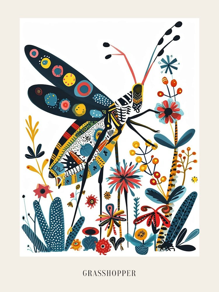Colourful Insect Illustration Grasshopper 5 Poster
