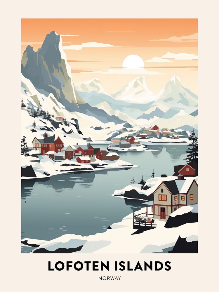 Vintage Winter Travel Poster Lofoten Islands Norway 1