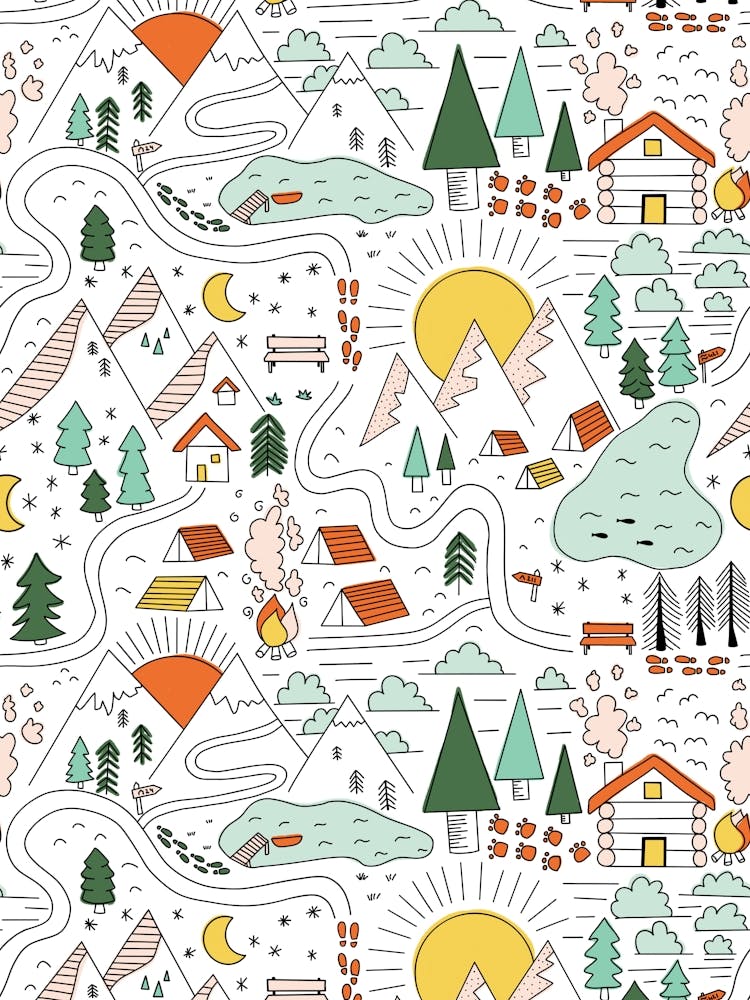 Hiking Through the Wildness Multicolor Summer Camp on White