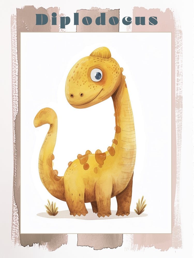 Cute Cartoon Diplodocus Watercolour Poster
