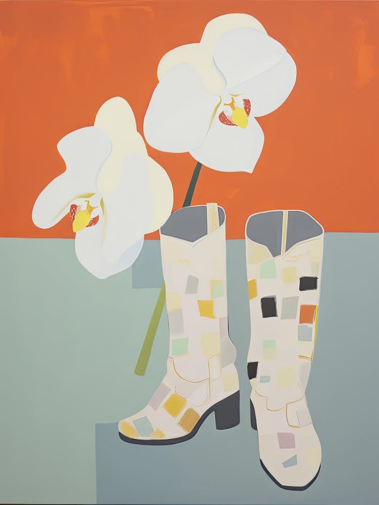 A Painting Of Cowboy Boots With White Flowers, Pop Art Style 13