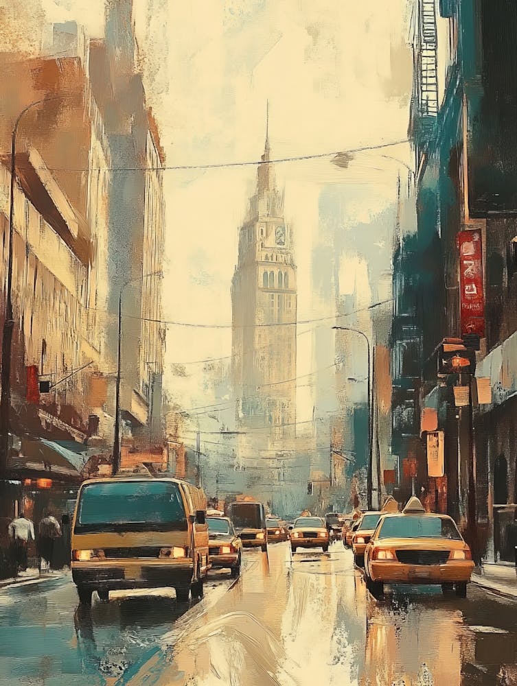 Painting Of City Street View In Vintage Retro Style 1