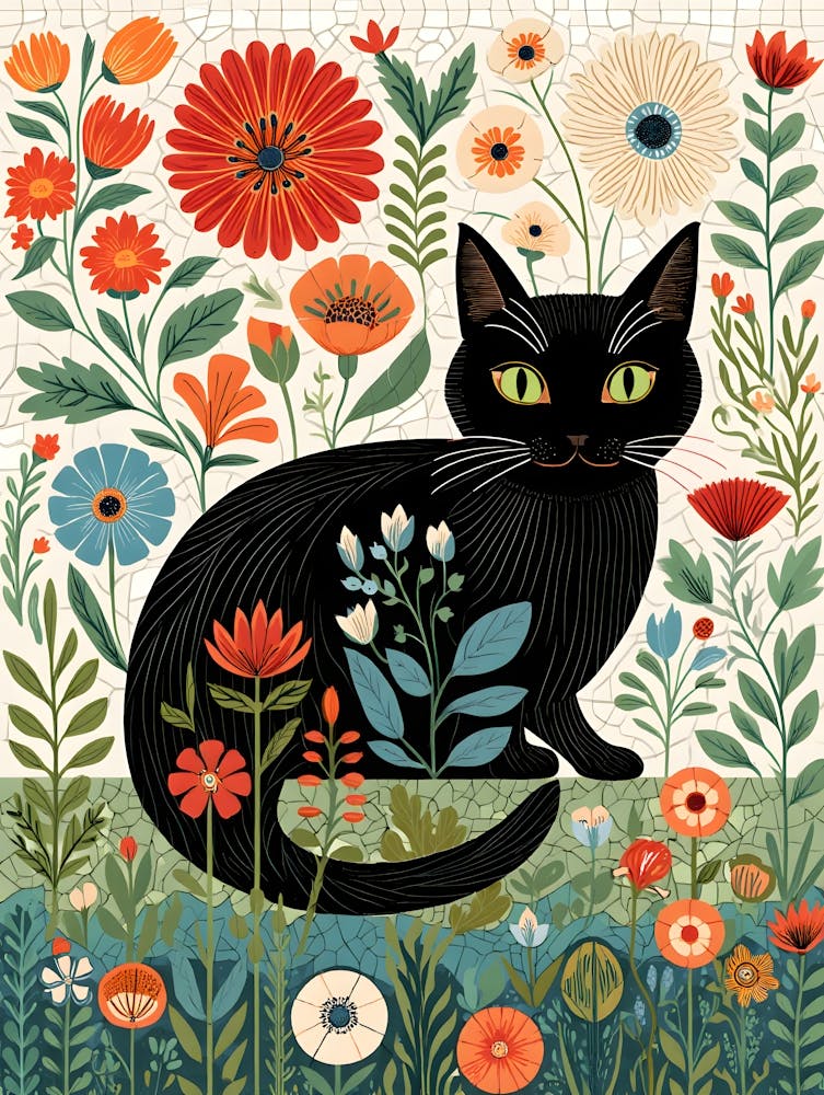 Schwarze Katze in Blumen