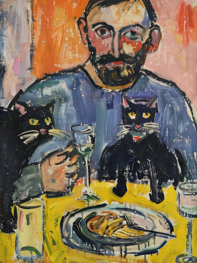 Portrait Of A Man With Cats Eating Pasta 1