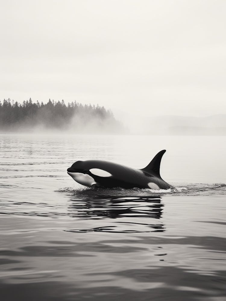 Misty Orca Whale Peeping Our Of Cold Ocean