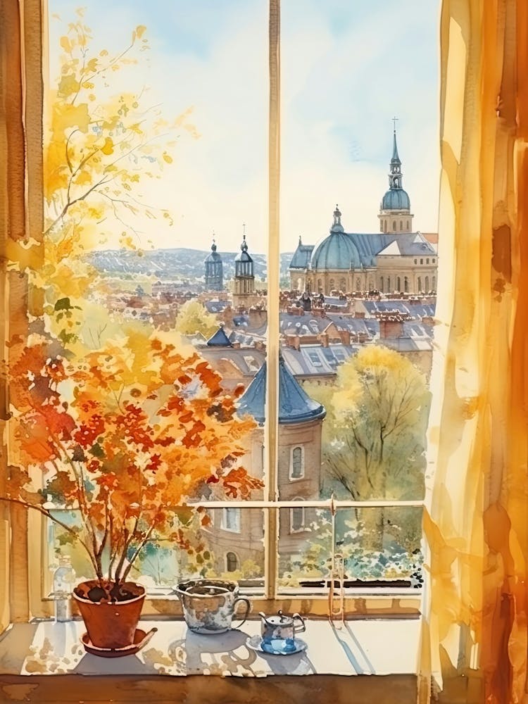 Window View Of Stockholm Sweden In Autumn Fall, Watercolour 2
