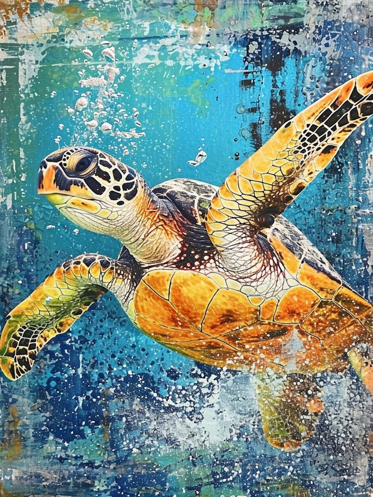Textured Sea Turtle Collage With Bubbles 1