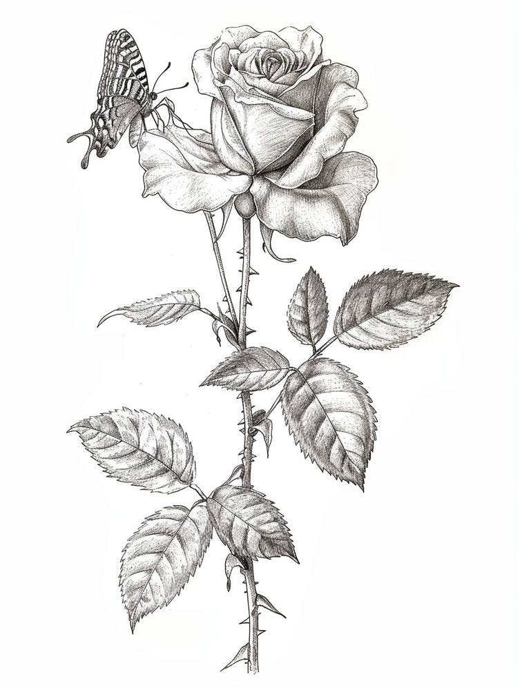 English Rose Butterfly Line Drawing 2