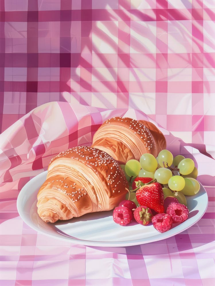 Pink Breakfast Food Bread, Croissants And Fruits 2