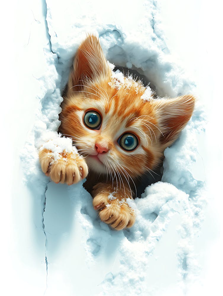 Cute Kitten Cat Peeking From Snow 2