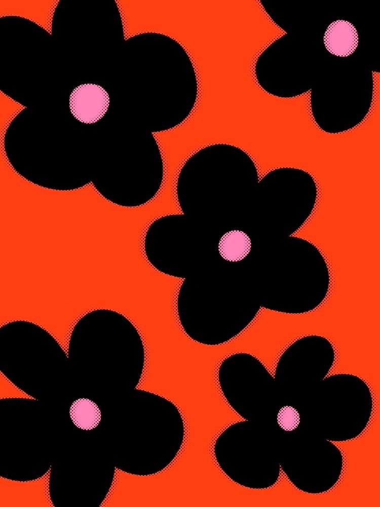 Black And Pink And Orange Large Funky Flowers