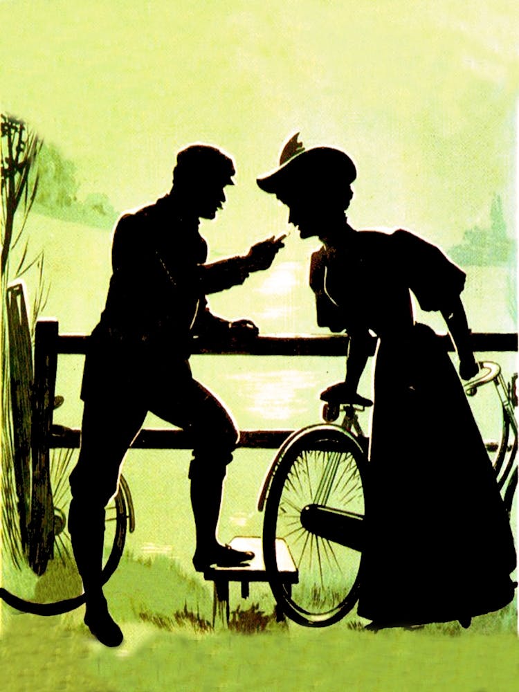 Fahrradfahrendes Paar Silhouette, Vintage Poster
