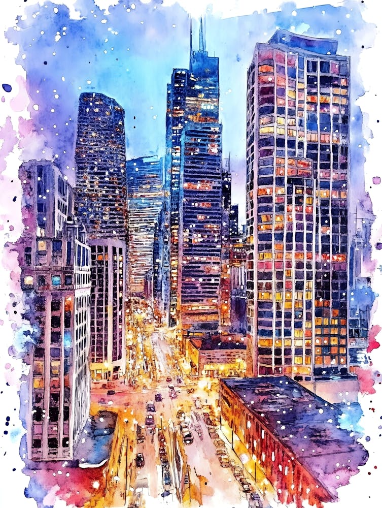 Chicago Skyline Watercolor Painting 1