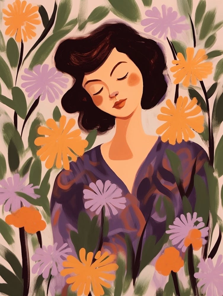 Woman With Autumnal Flowers Lilac