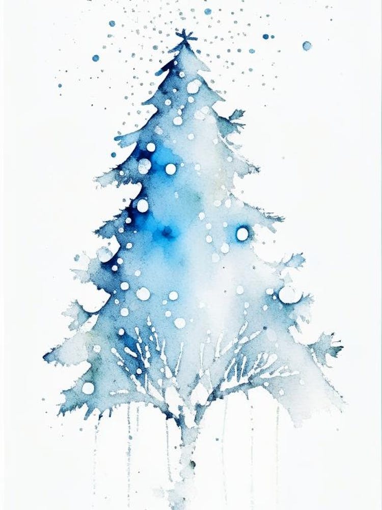 Snowfalkes By Christmas Tree, Snowflakes, Minimalist Watercolour 3