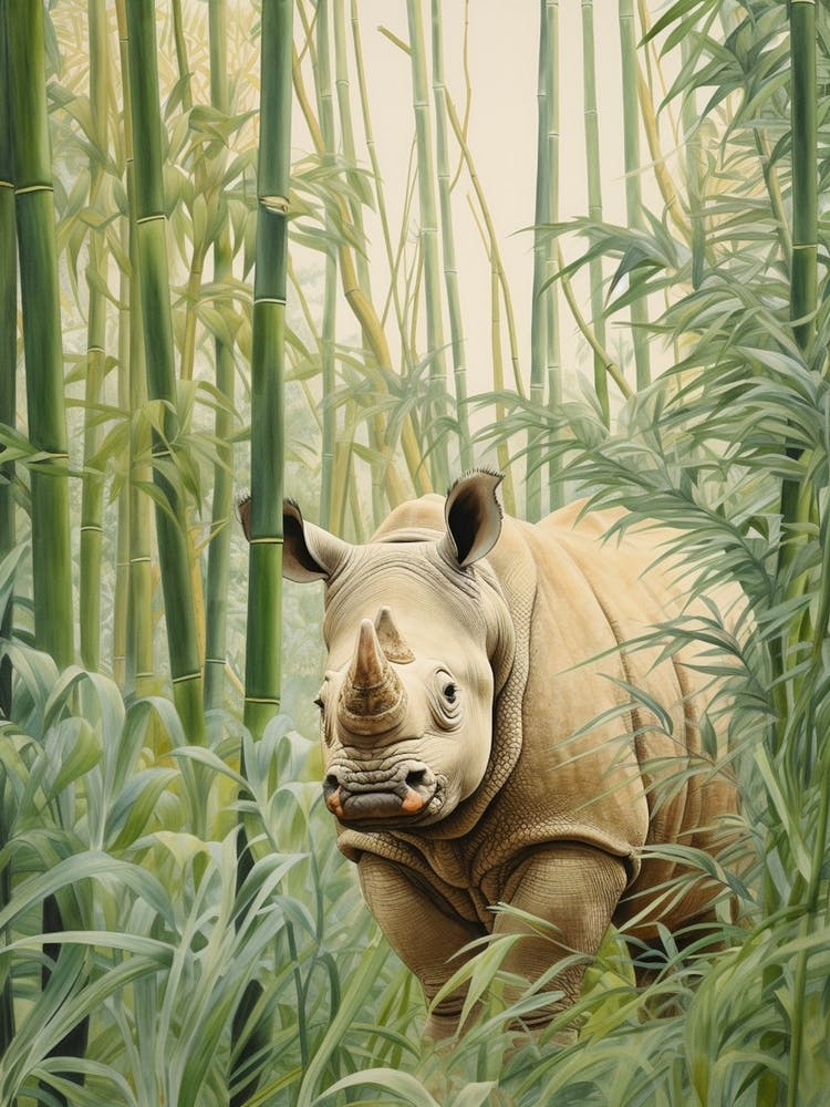 Vintage Illustration Of A Rhino Walking Through The Leaves 4