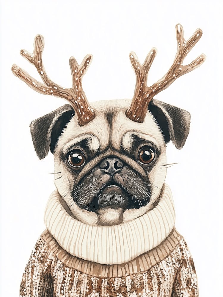 Pug In Christmas Jumper And Reindeer Antlers Neutral