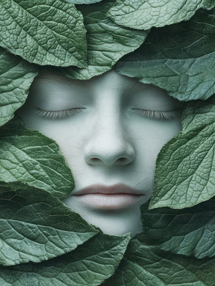Woman'S Face In Green Leaves